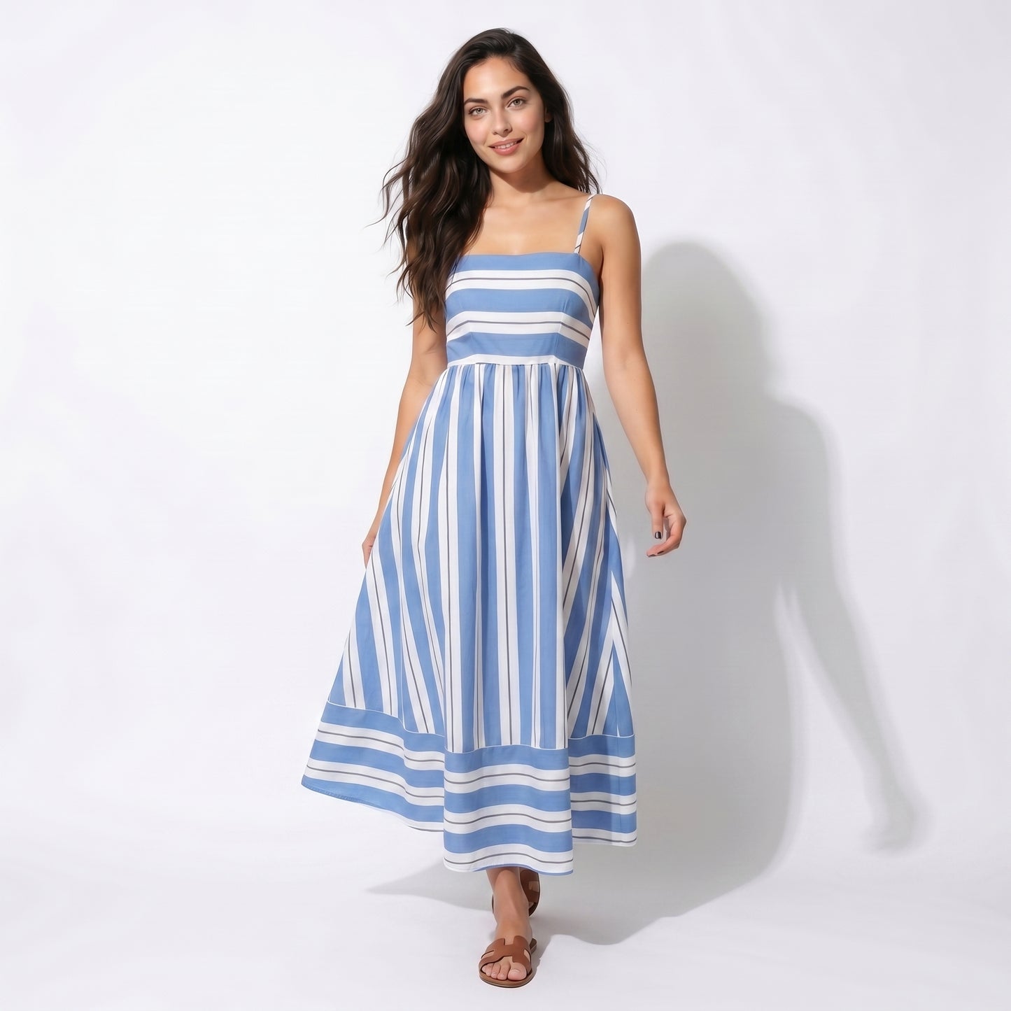 Bonnie Women's Striped Spaghetti Strap Maxi Dress, Open Back Flowy