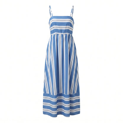 Bonnie Women's Striped Spaghetti Strap Maxi Dress, Open Back Flowy