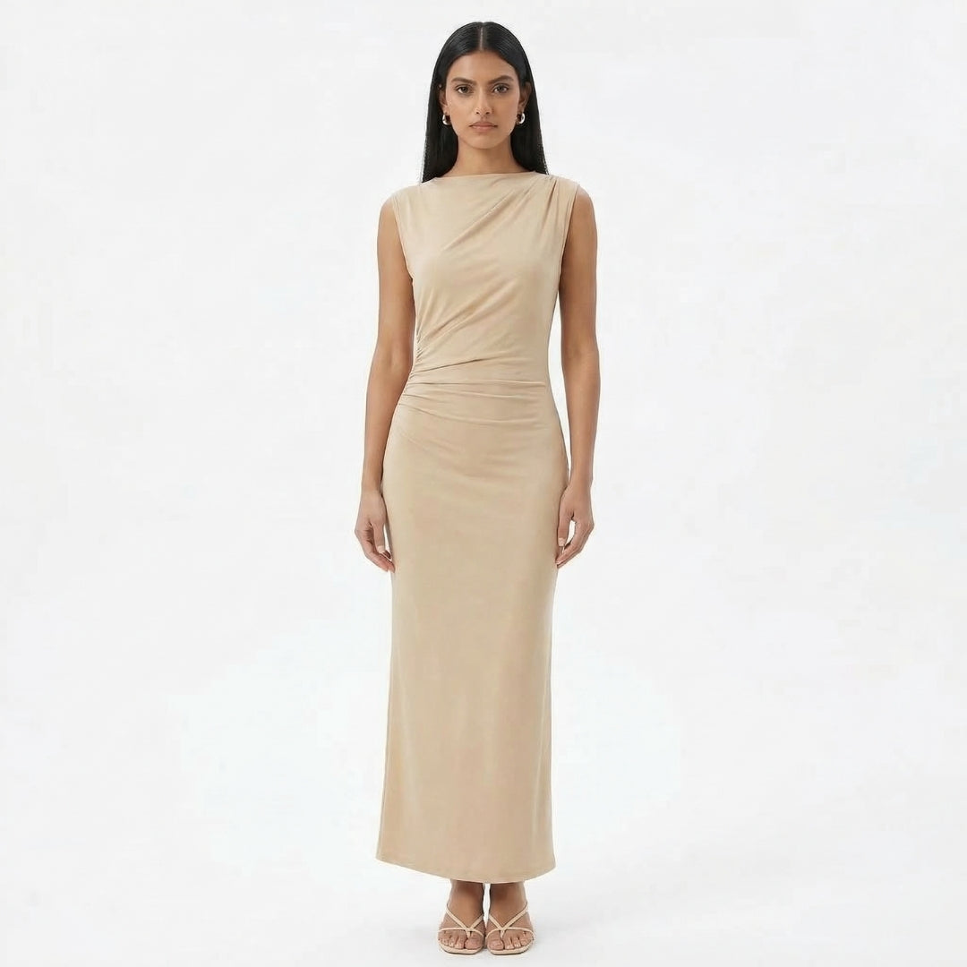 Camille | Women’s Ruched High-Neck Sleeveless Maxi Dress with Back Slit