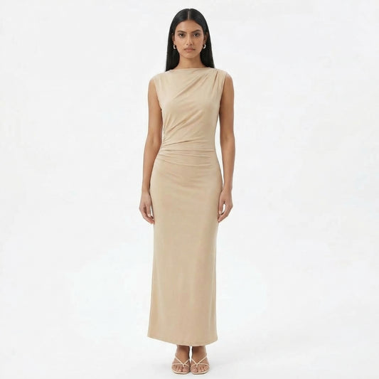 Camille | Women’s Ruched High-Neck Sleeveless Maxi Dress with Back Slit