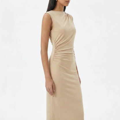Camille | Women’s Ruched High-Neck Sleeveless Maxi Dress with Back Slit