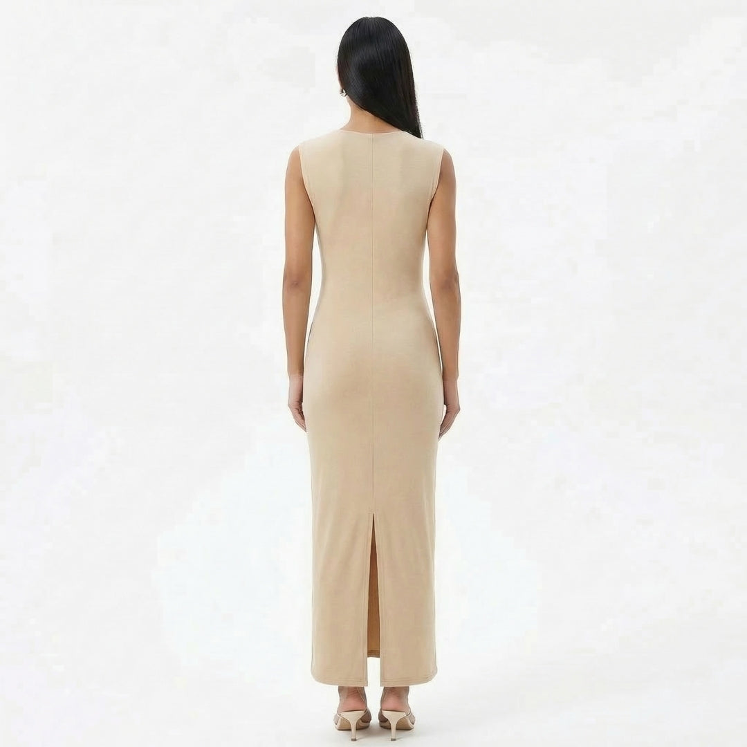 Camille | Women’s Ruched High-Neck Sleeveless Maxi Dress with Back Slit