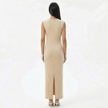 Camille | Women’s Ruched High-Neck Sleeveless Maxi Dress with Back Slit