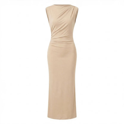 Camille | Women’s Ruched High-Neck Sleeveless Maxi Dress with Back Slit