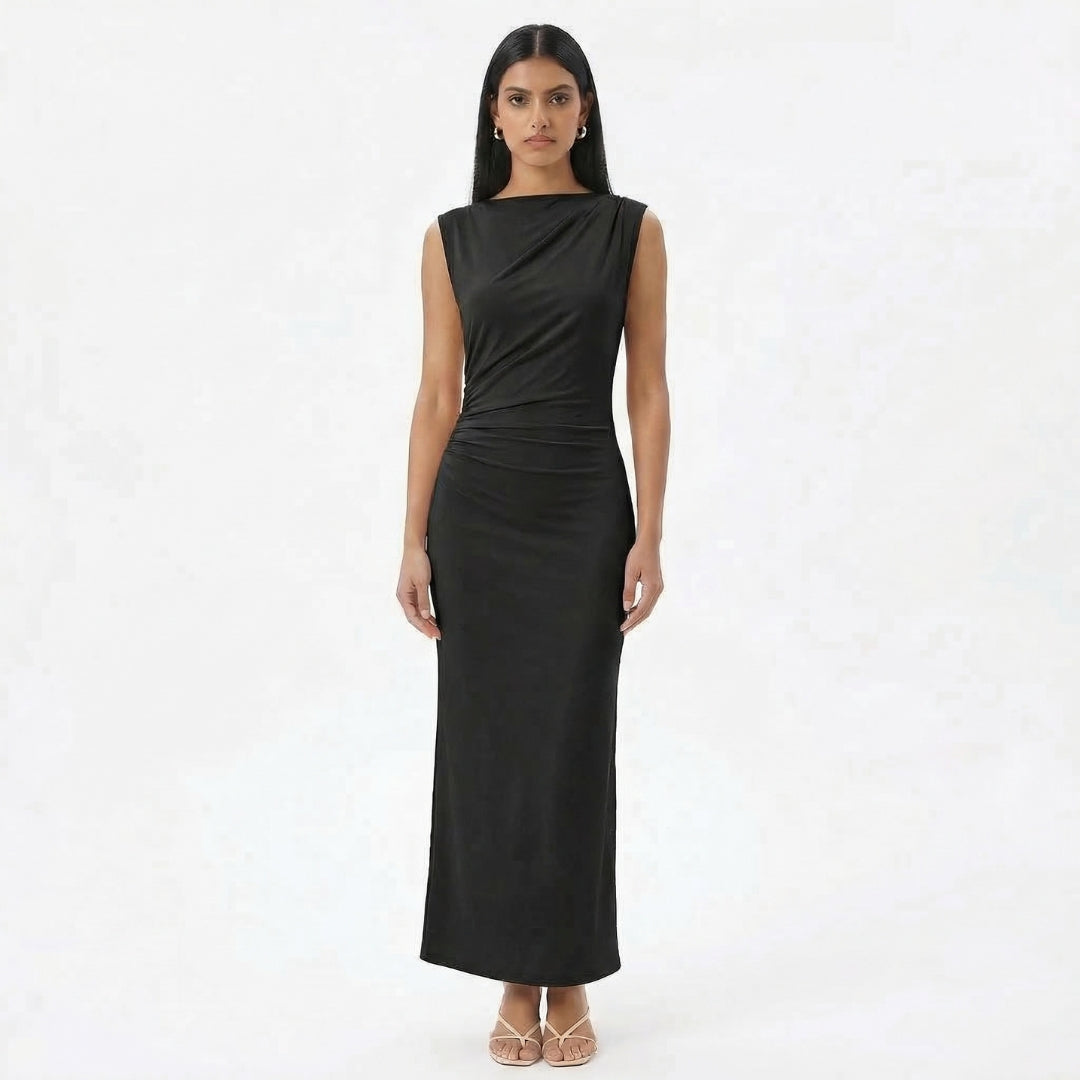 Camille | Women’s Ruched High-Neck Sleeveless Maxi Dress with Back Slit