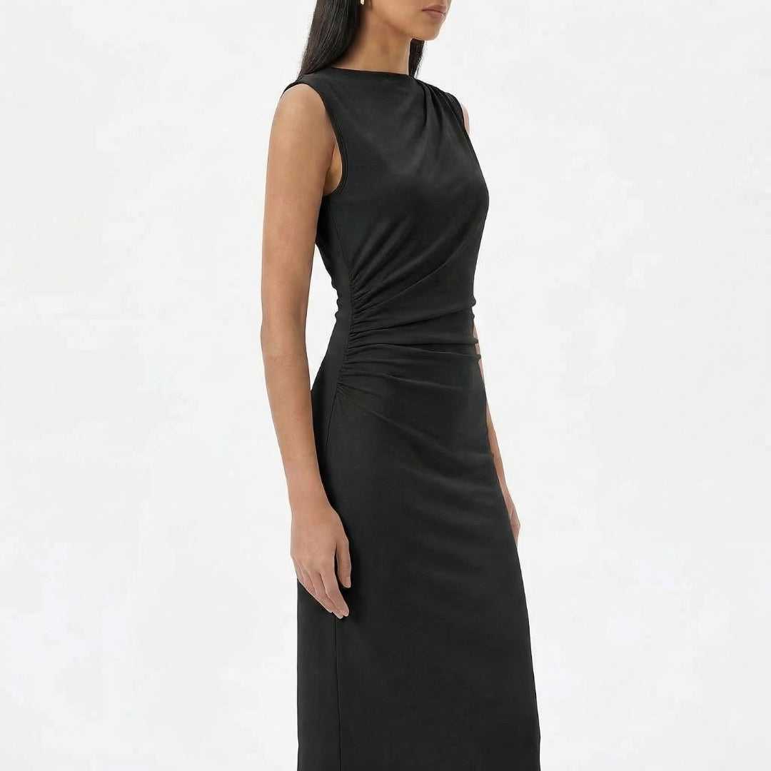 Camille | Women’s Ruched High-Neck Sleeveless Maxi Dress with Back Slit