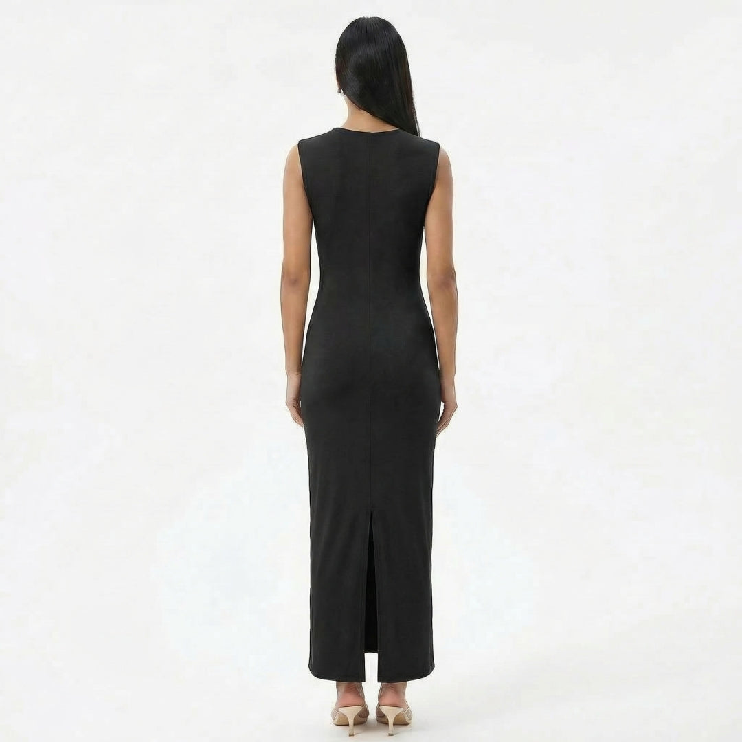 Camille | Women’s Ruched High-Neck Sleeveless Maxi Dress with Back Slit