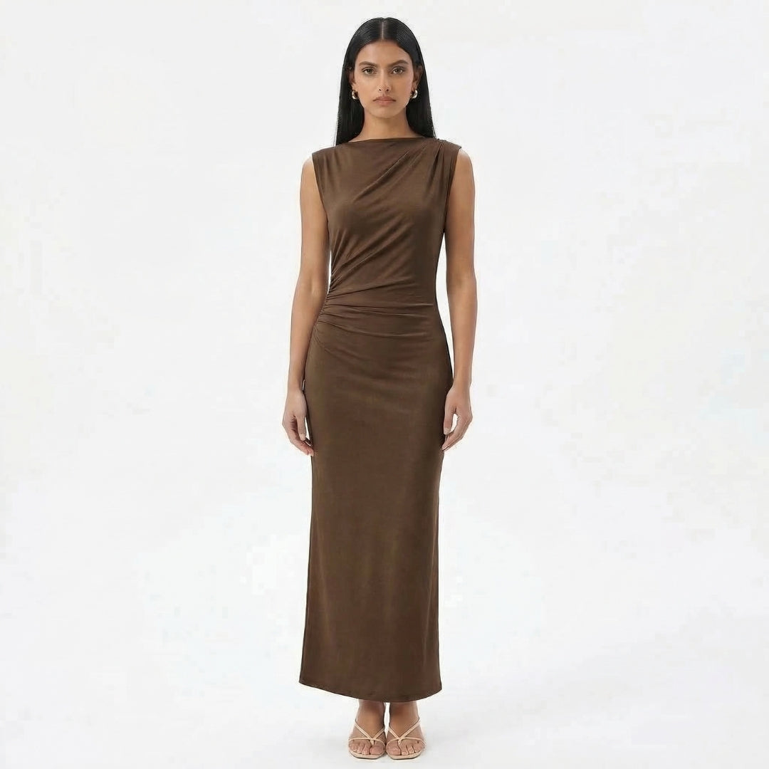 Camille | Women’s Ruched High-Neck Sleeveless Maxi Dress with Back Slit