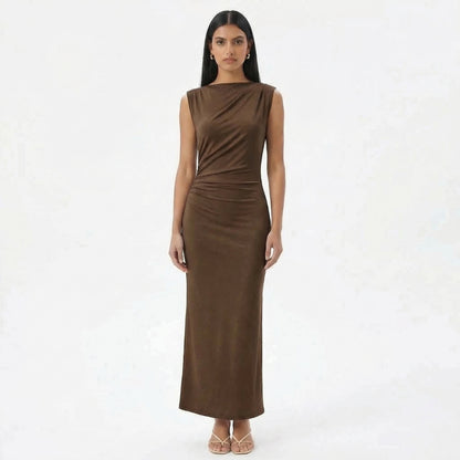 Camille | Women’s Ruched High-Neck Sleeveless Maxi Dress with Back Slit