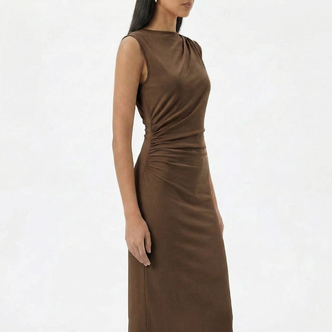 Camille | Women’s Ruched High-Neck Sleeveless Maxi Dress with Back Slit