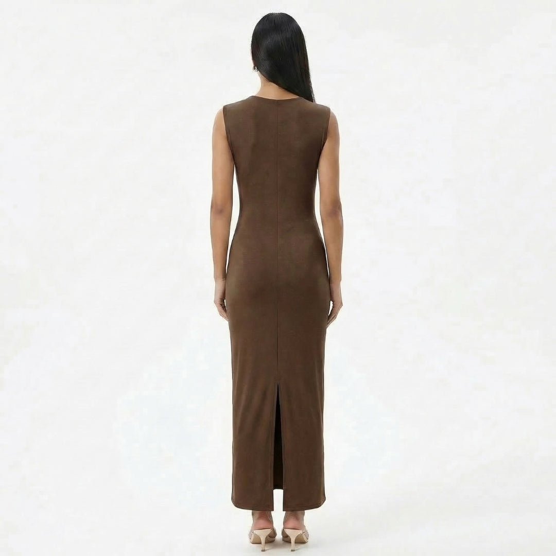 Camille | Women’s Ruched High-Neck Sleeveless Maxi Dress with Back Slit