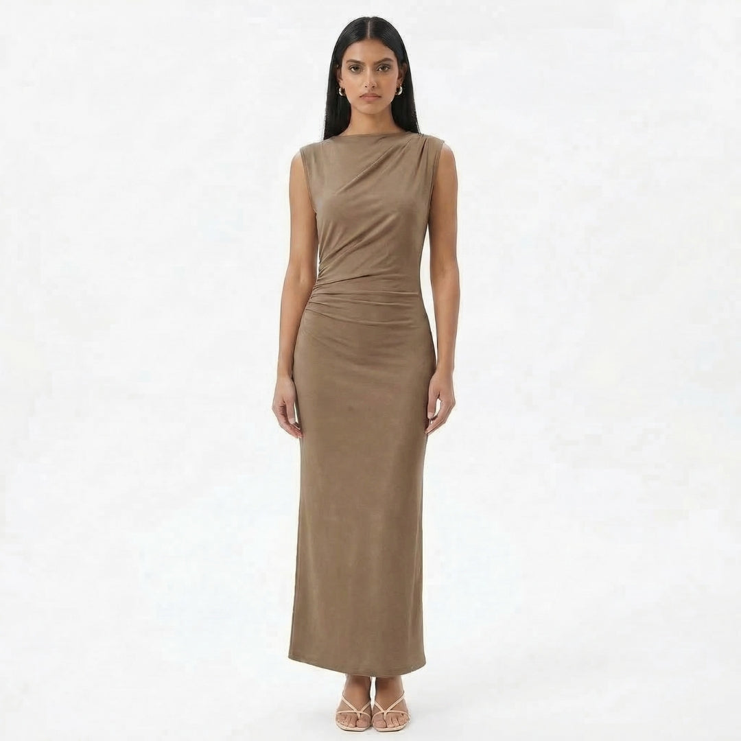 Camille | Women’s Ruched High-Neck Sleeveless Maxi Dress with Back Slit