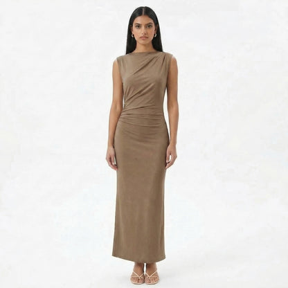 Camille | Women’s Ruched High-Neck Sleeveless Maxi Dress with Back Slit