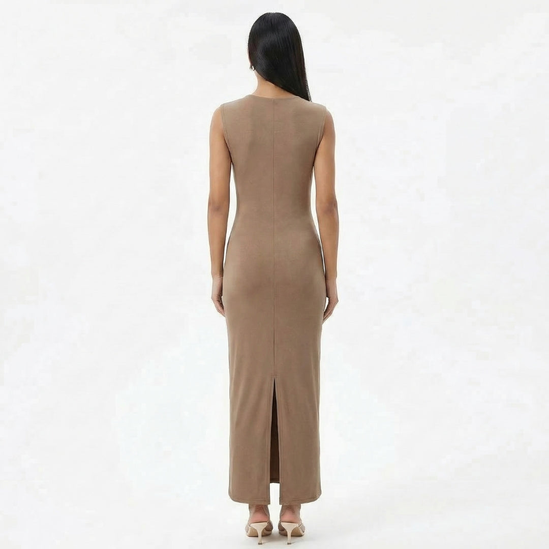 Camille | Women’s Ruched High-Neck Sleeveless Maxi Dress with Back Slit