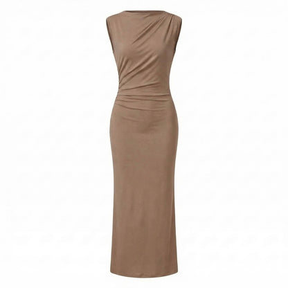 Camille | Women’s Ruched High-Neck Sleeveless Maxi Dress with Back Slit