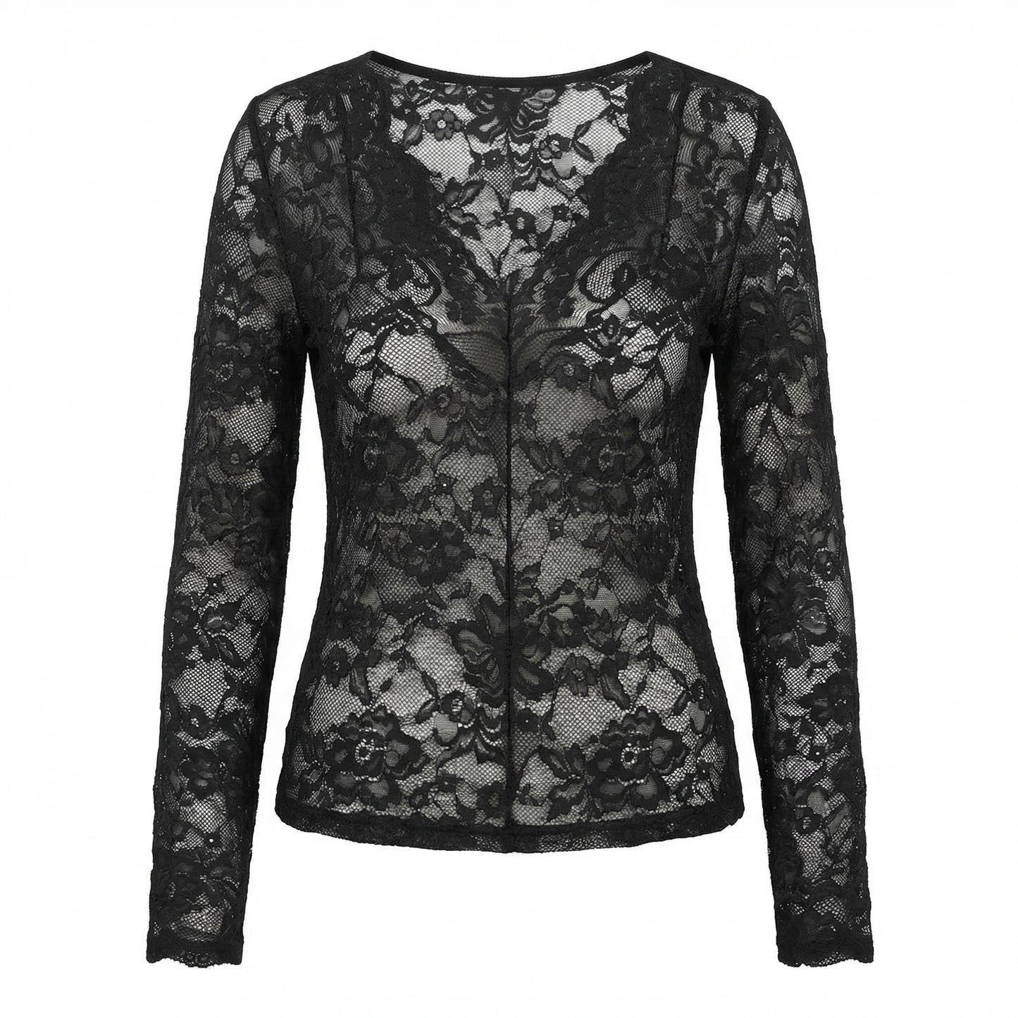 Capucine | Women’s Lace Long-Sleeve Blouse Scalloped V-Neck