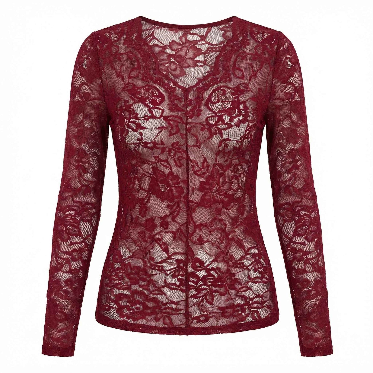 Capucine | Women’s Lace Long-Sleeve Blouse Scalloped V-Neck