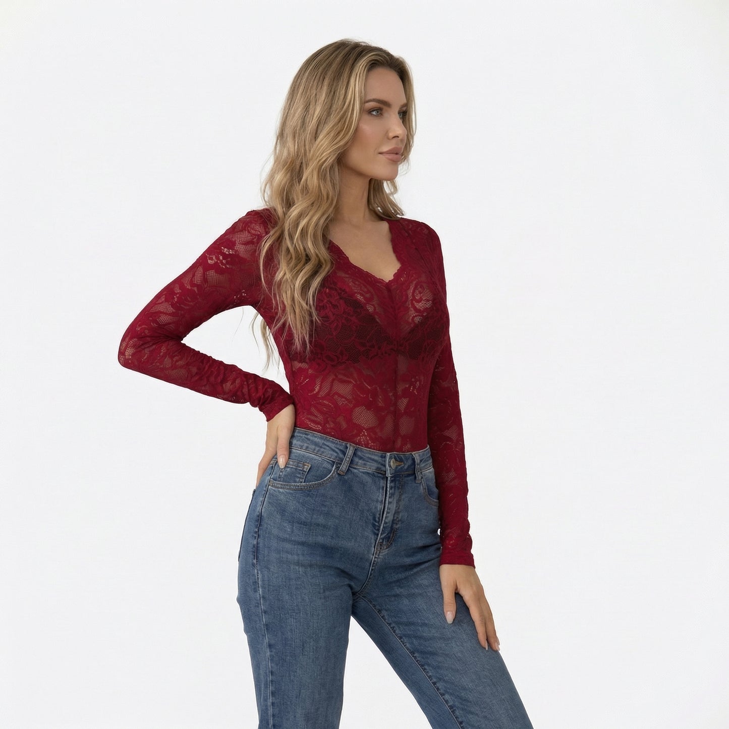 Capucine | Women’s Lace Long-Sleeve Blouse Scalloped V-Neck