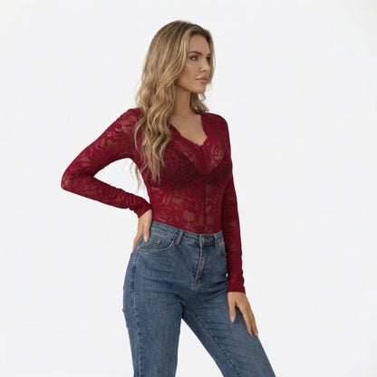 Capucine | Women’s Lace Long-Sleeve Blouse Scalloped V-Neck