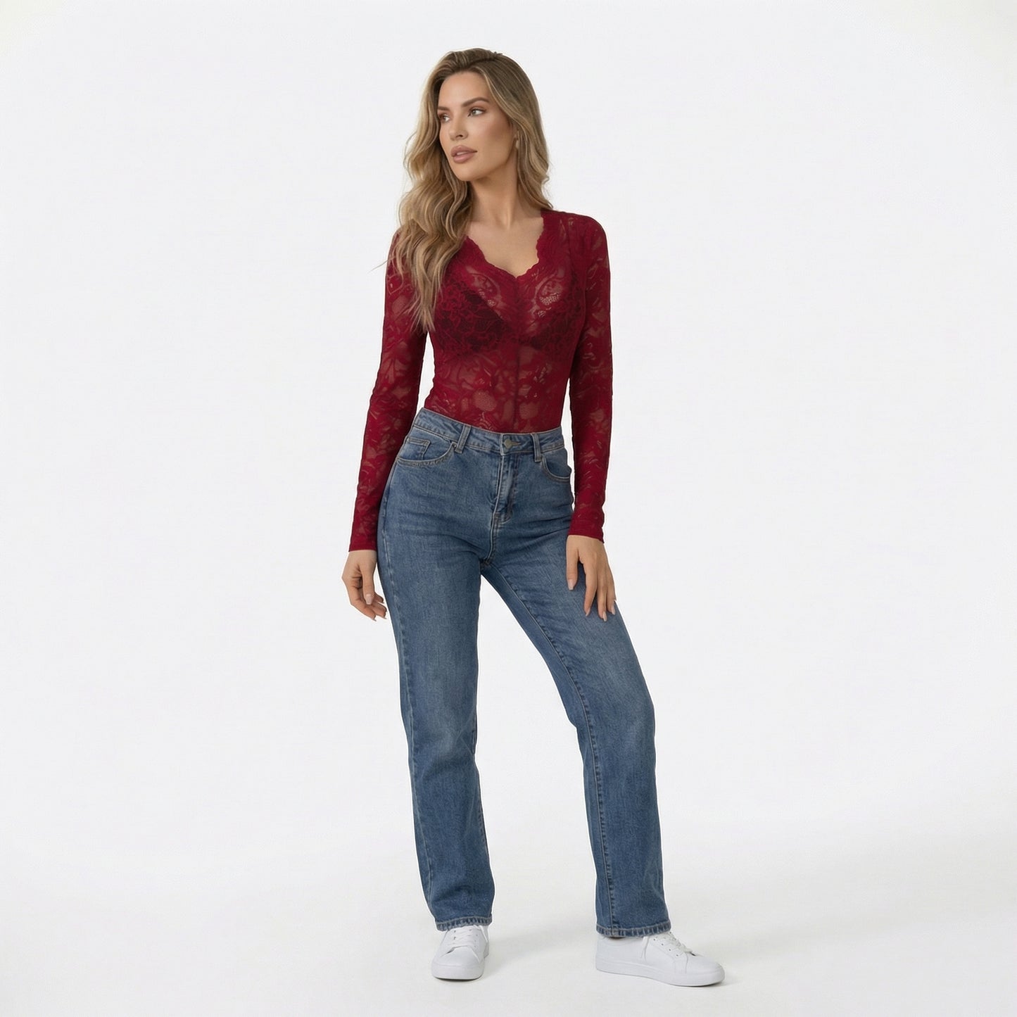 Capucine | Women’s Lace Long-Sleeve Blouse Scalloped V-Neck