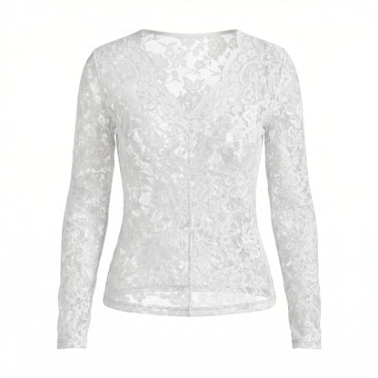 Capucine | Women’s Lace Long-Sleeve Blouse Scalloped V-Neck