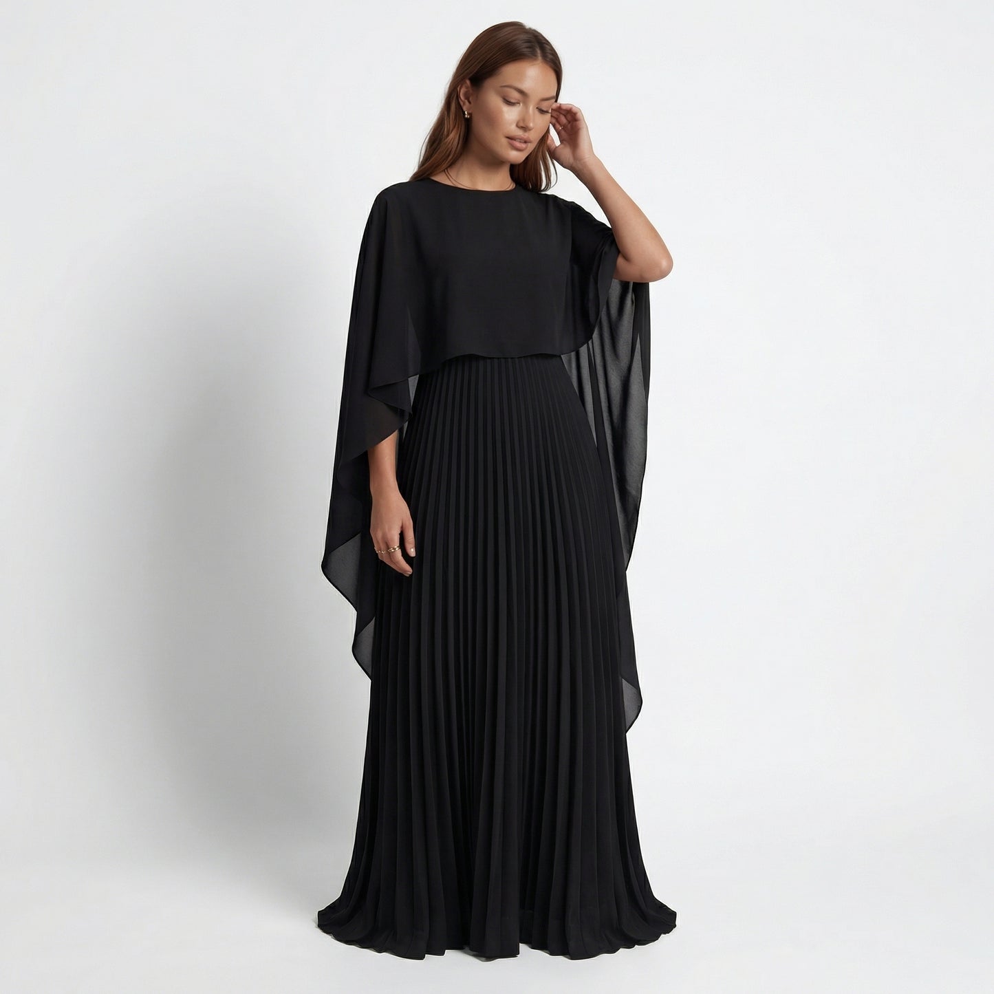Celeste Women's Cape Sleeve Pleated Maxi Dress, Crewneck Elegant