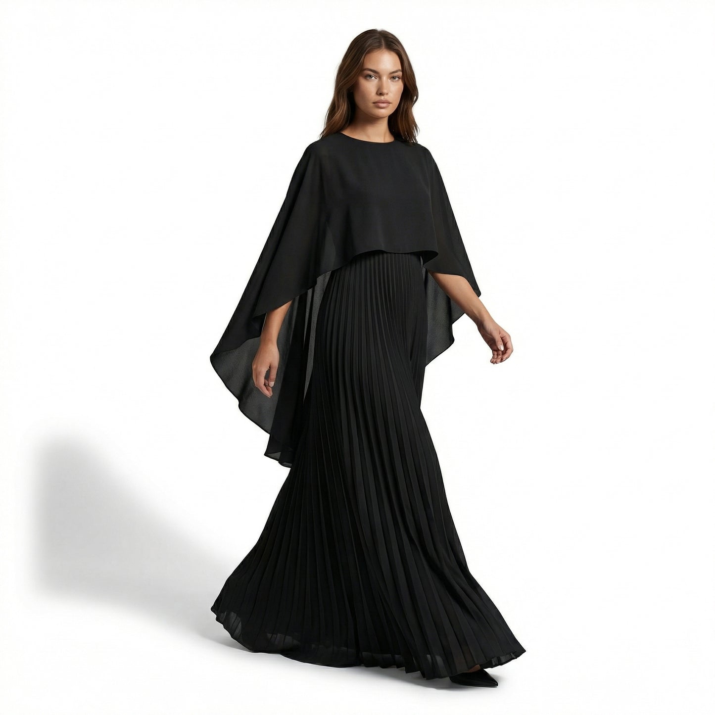 Celeste Women's Cape Sleeve Pleated Maxi Dress, Crewneck Elegant