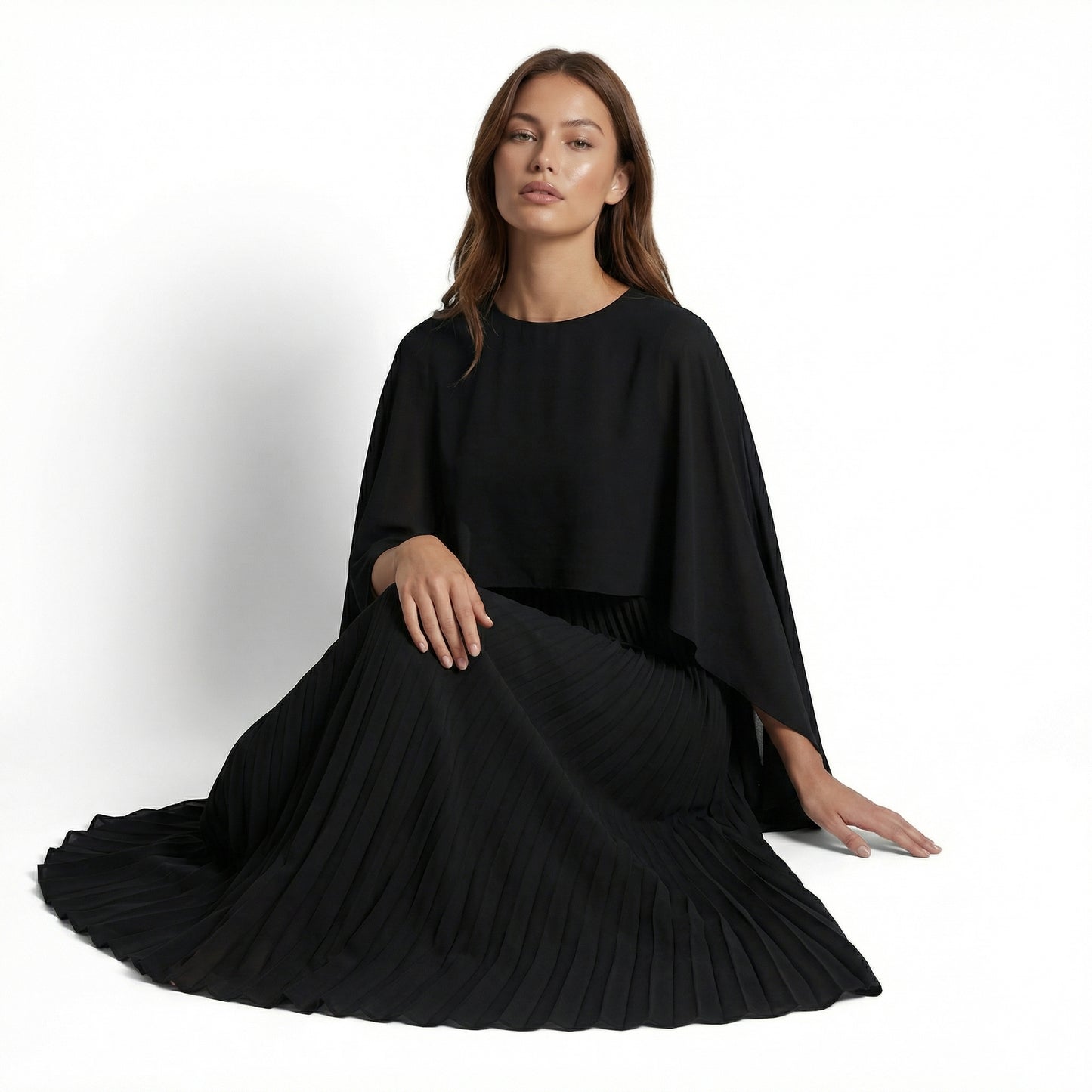 Celeste Women's Cape Sleeve Pleated Maxi Dress, Crewneck Elegant