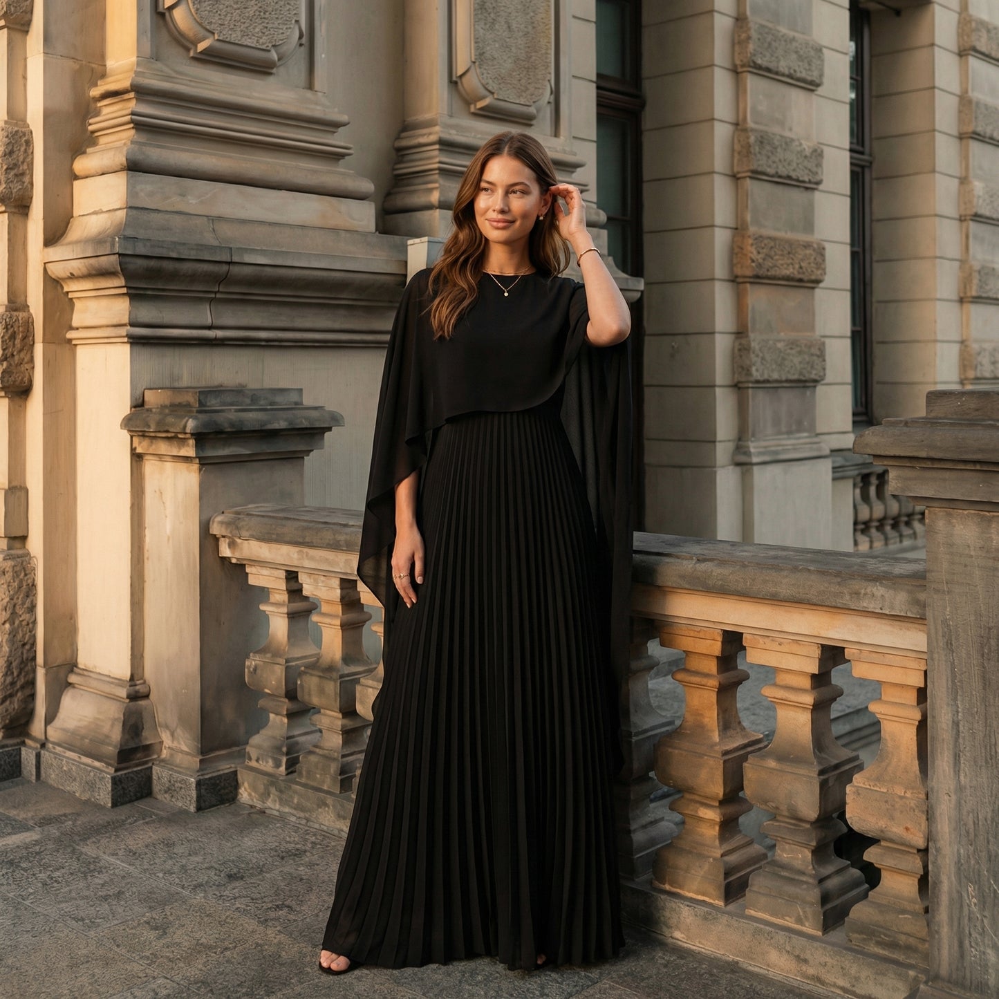 Celeste Women's Cape Sleeve Pleated Maxi Dress, Crewneck Elegant