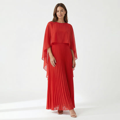 Celeste Women's Cape Sleeve Pleated Maxi Dress, Crewneck Elegant