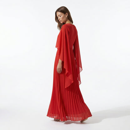 Celeste Women's Cape Sleeve Pleated Maxi Dress, Crewneck Elegant