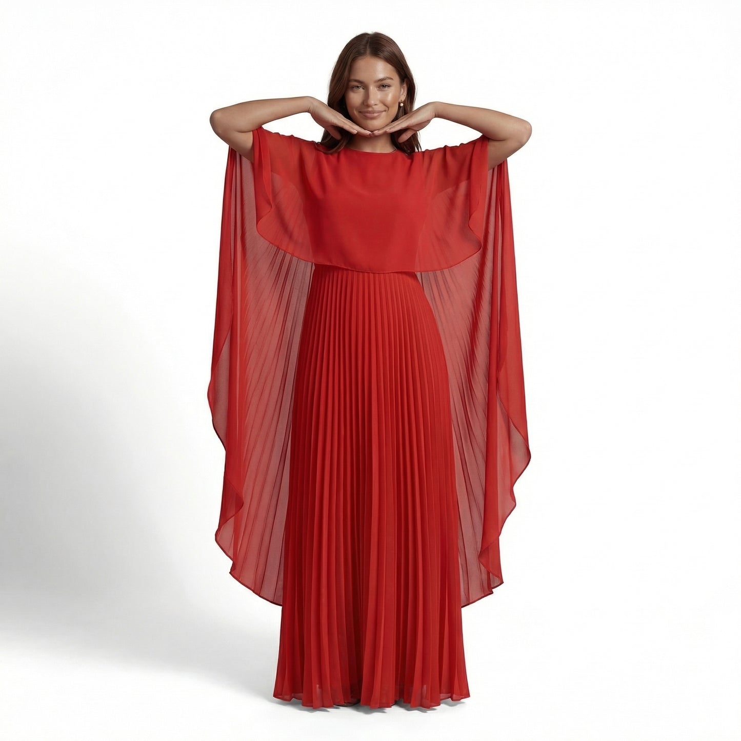 Celeste Women's Cape Sleeve Pleated Maxi Dress, Crewneck Elegant