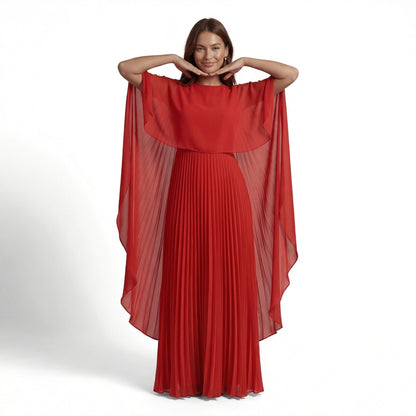 Celeste Women's Cape Sleeve Pleated Maxi Dress, Crewneck Elegant