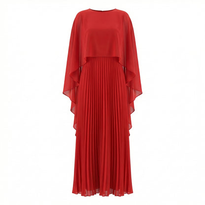 Celeste Women's Cape Sleeve Pleated Maxi Dress, Crewneck Elegant