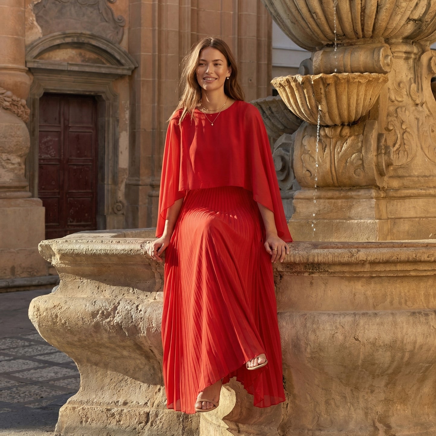 Celeste Women's Cape Sleeve Pleated Maxi Dress, Crewneck Elegant