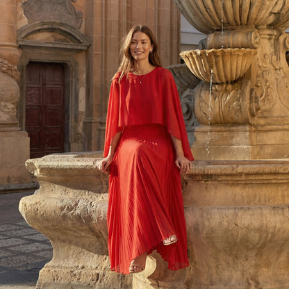 Celeste Women's Cape Sleeve Pleated Maxi Dress, Crewneck Elegant
