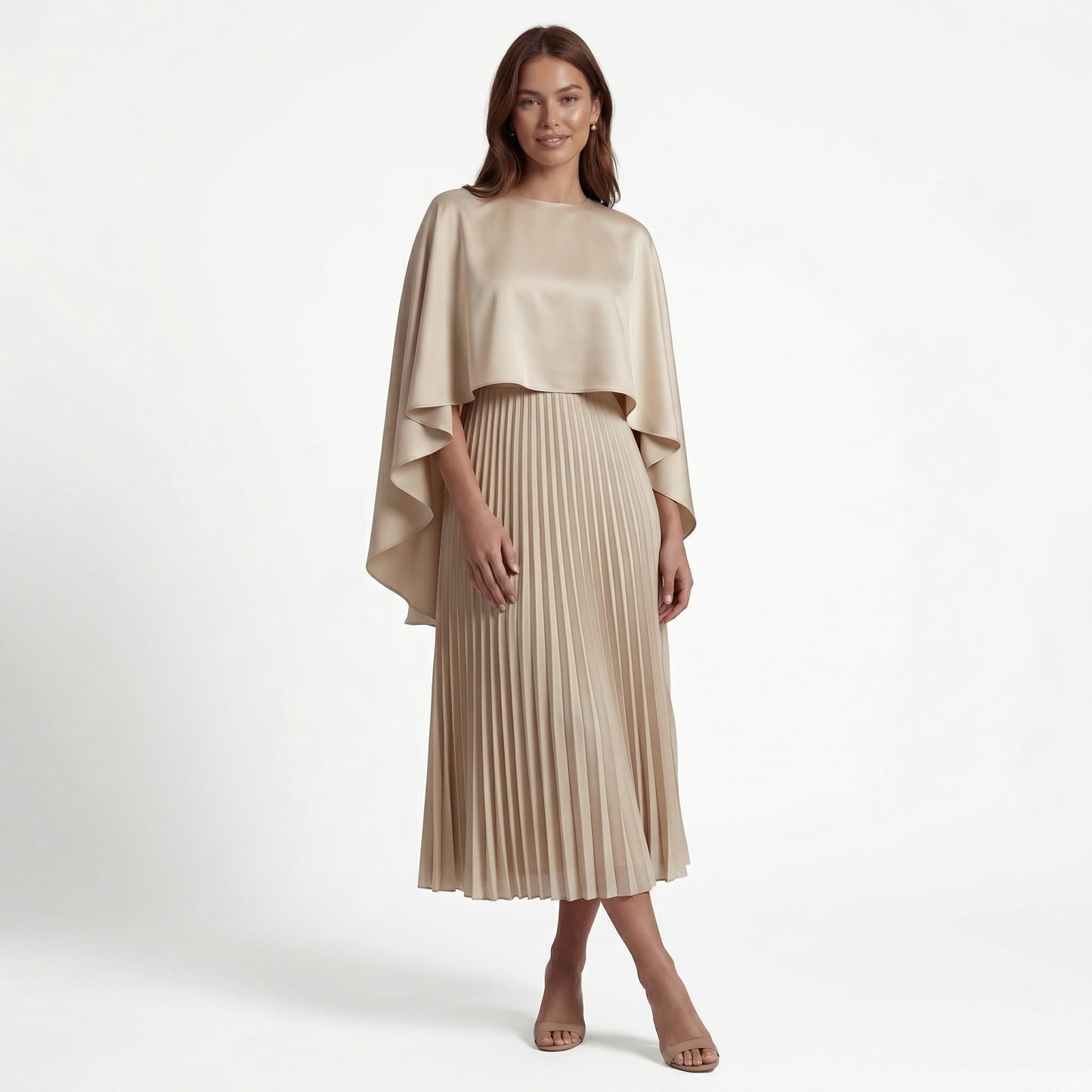 Celeste Women's Cape Sleeve Pleated Maxi Dress, Crewneck Elegant