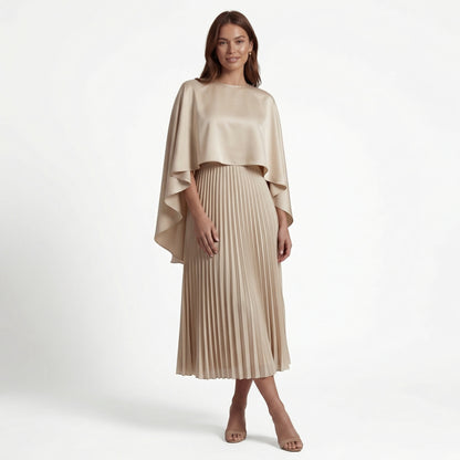 Celeste Women's Cape Sleeve Pleated Maxi Dress, Crewneck Elegant