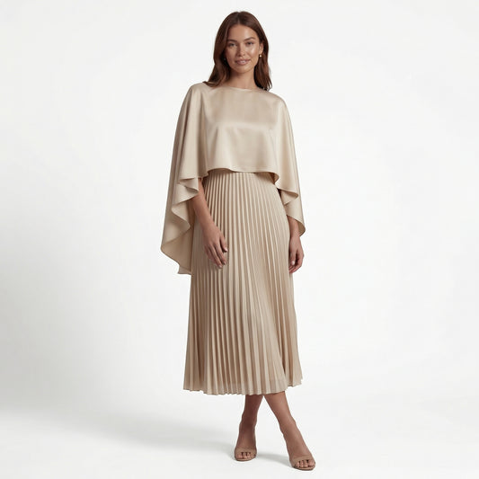Celeste Women's Cape Sleeve Pleated Maxi Dress, Crewneck Elegant