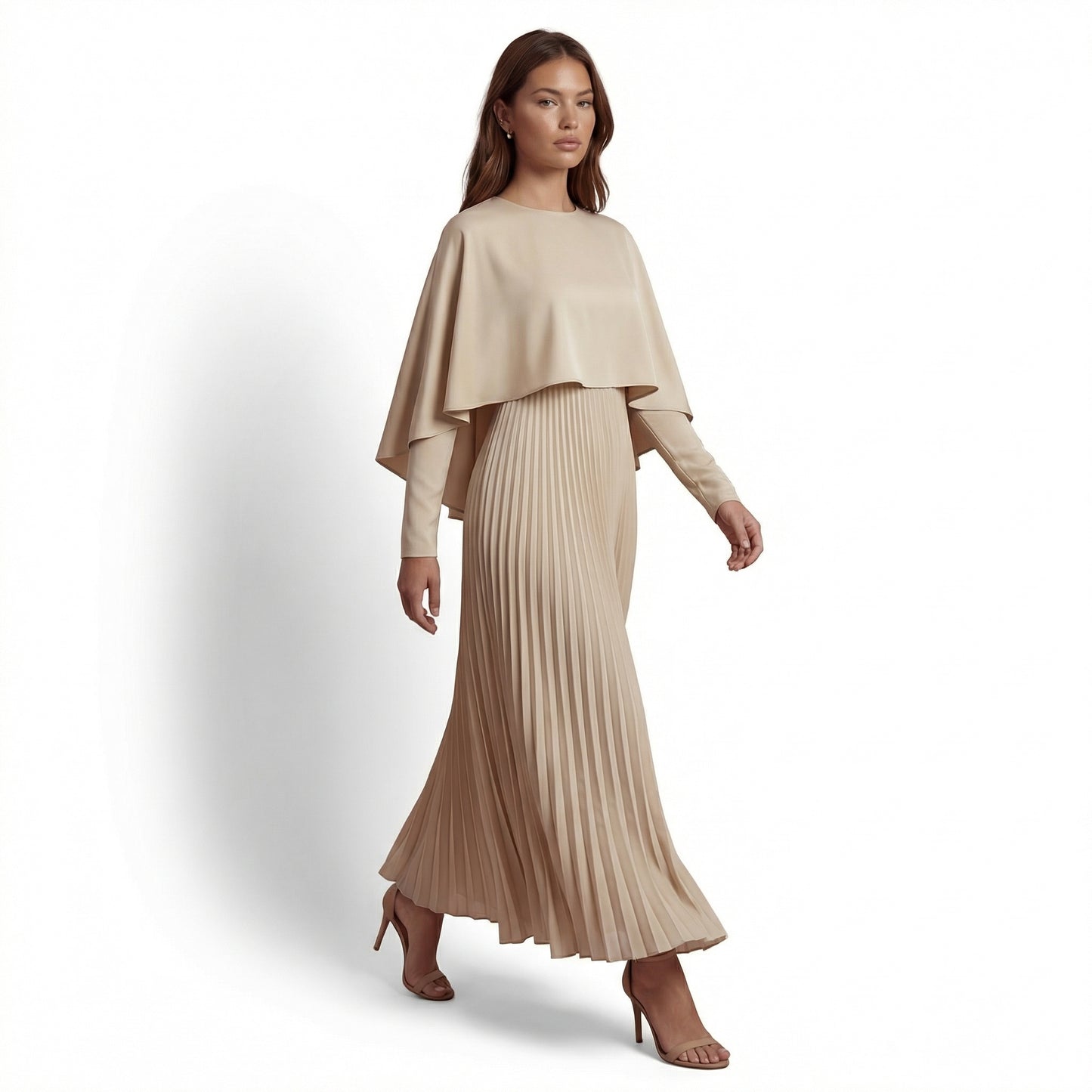 Celeste Women's Cape Sleeve Pleated Maxi Dress, Crewneck Elegant