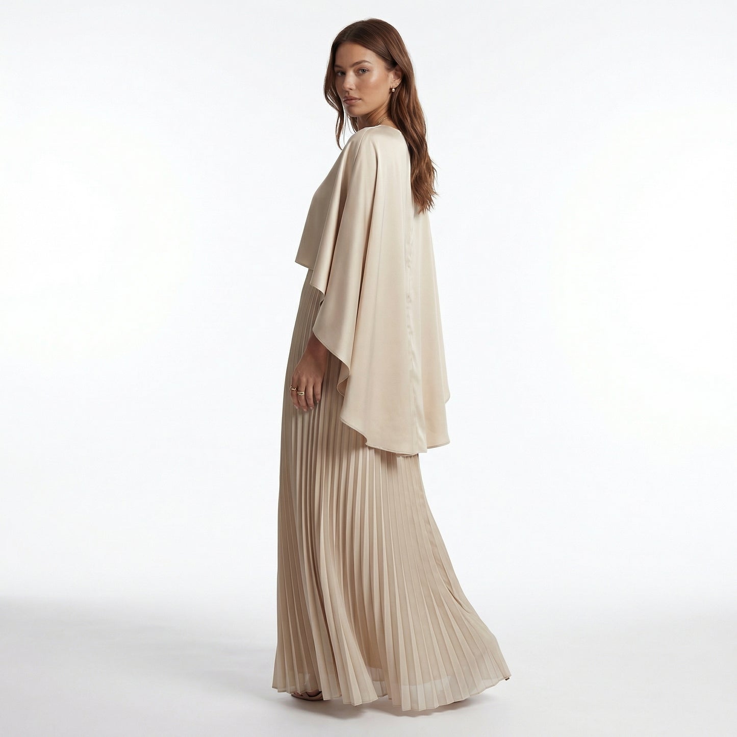 Celeste Women's Cape Sleeve Pleated Maxi Dress, Crewneck Elegant