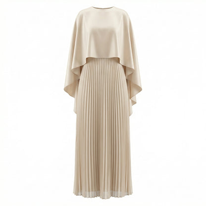 Celeste Women's Cape Sleeve Pleated Maxi Dress, Crewneck Elegant