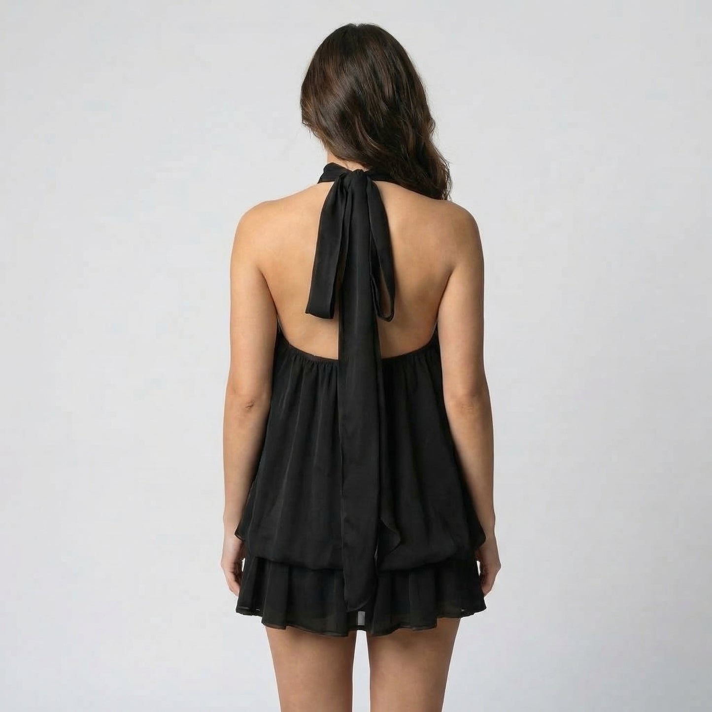 Claudine Women’s Chiffon Sleeveless Halter Mini Dress Tie-Back