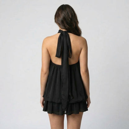 Claudine Women’s Chiffon Sleeveless Halter Mini Dress Tie-Back