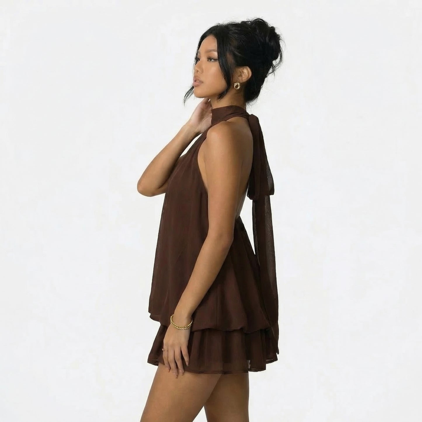 Claudine Women’s Chiffon Sleeveless Halter Mini Dress Tie-Back