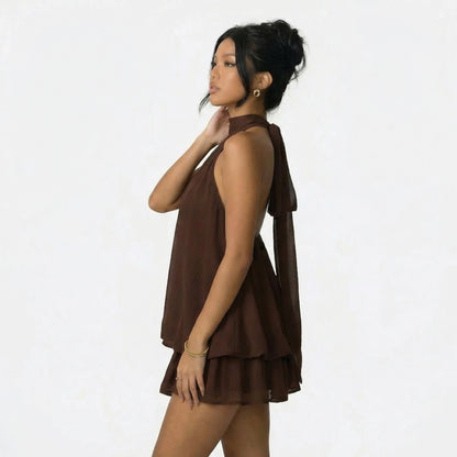 Claudine Women’s Chiffon Sleeveless Halter Mini Dress Tie-Back