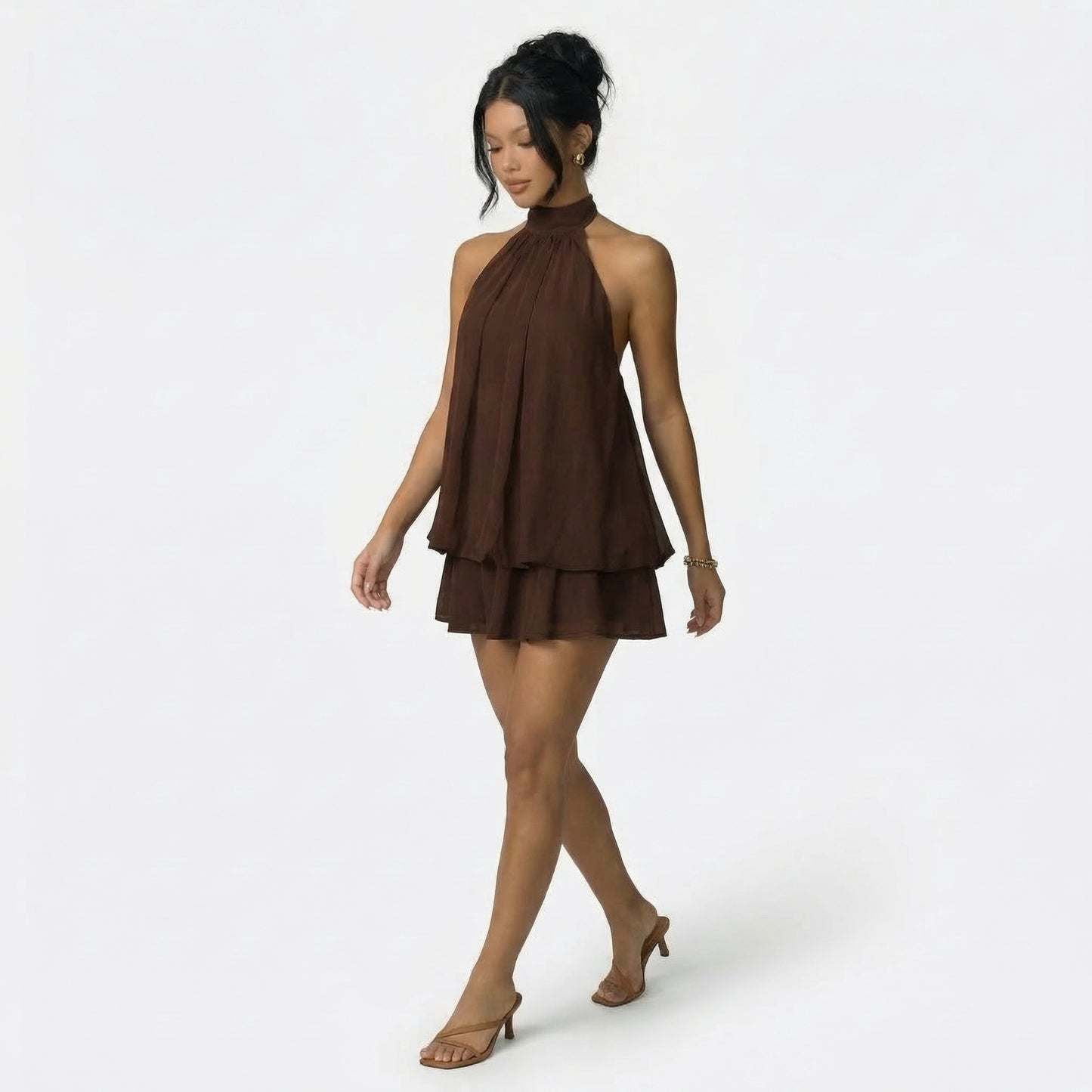 Claudine Women’s Chiffon Sleeveless Halter Mini Dress Tie-Back
