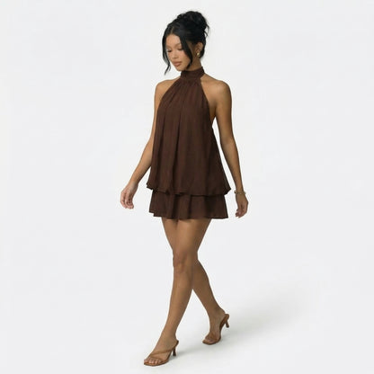 Claudine Women’s Chiffon Sleeveless Halter Mini Dress Tie-Back