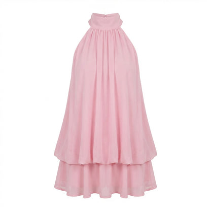 Claudine Women’s Chiffon Sleeveless Halter Mini Dress Tie-Back