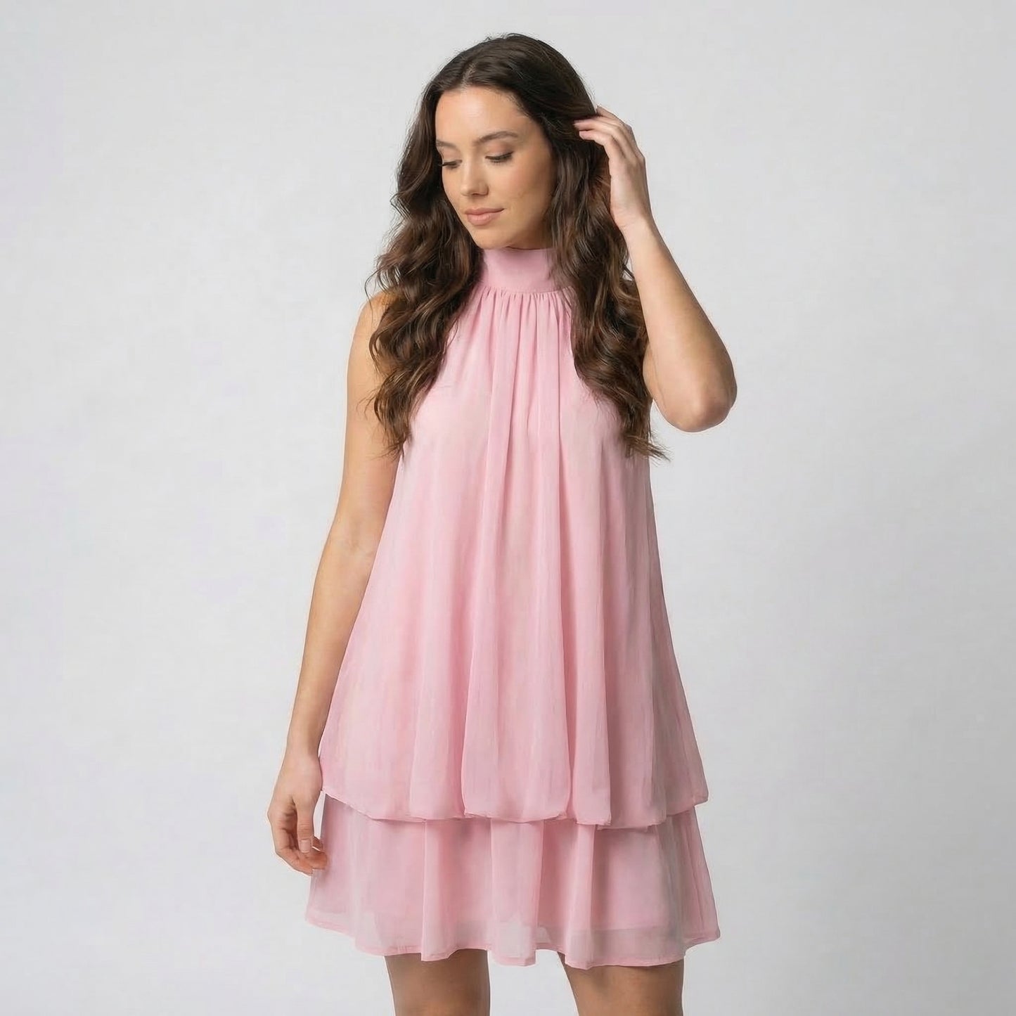 Claudine Women’s Chiffon Sleeveless Halter Mini Dress Tie-Back